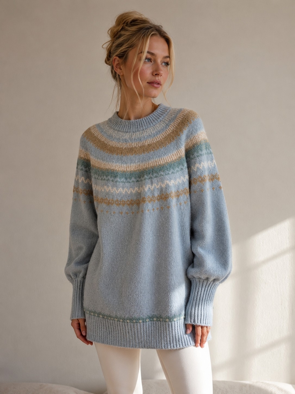 J.Crew Light Blue Wool-Alpaca Fair Isle Puff-Sleeve Sweater Cozy Alpine Luxefall